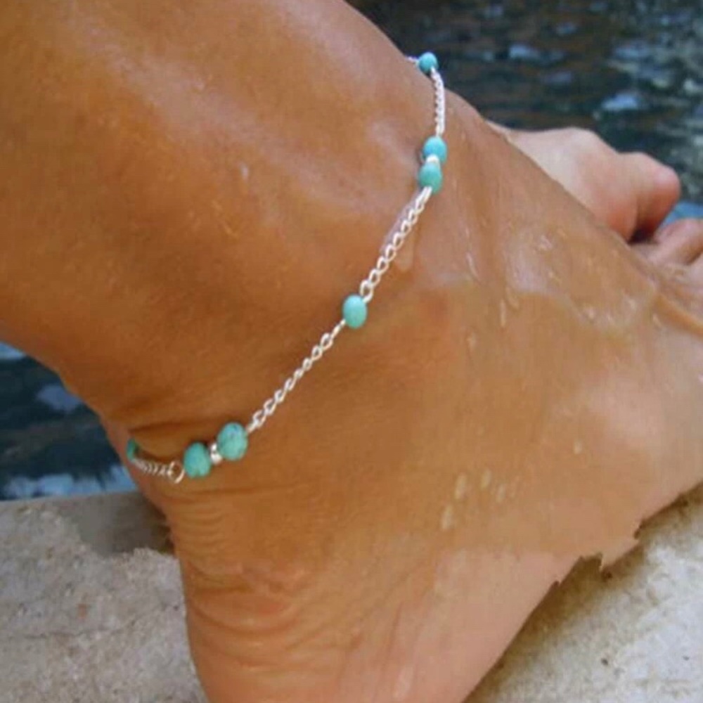 3/$30 Silver & Turquoise Beaded Anklet - Picture 3 of 5